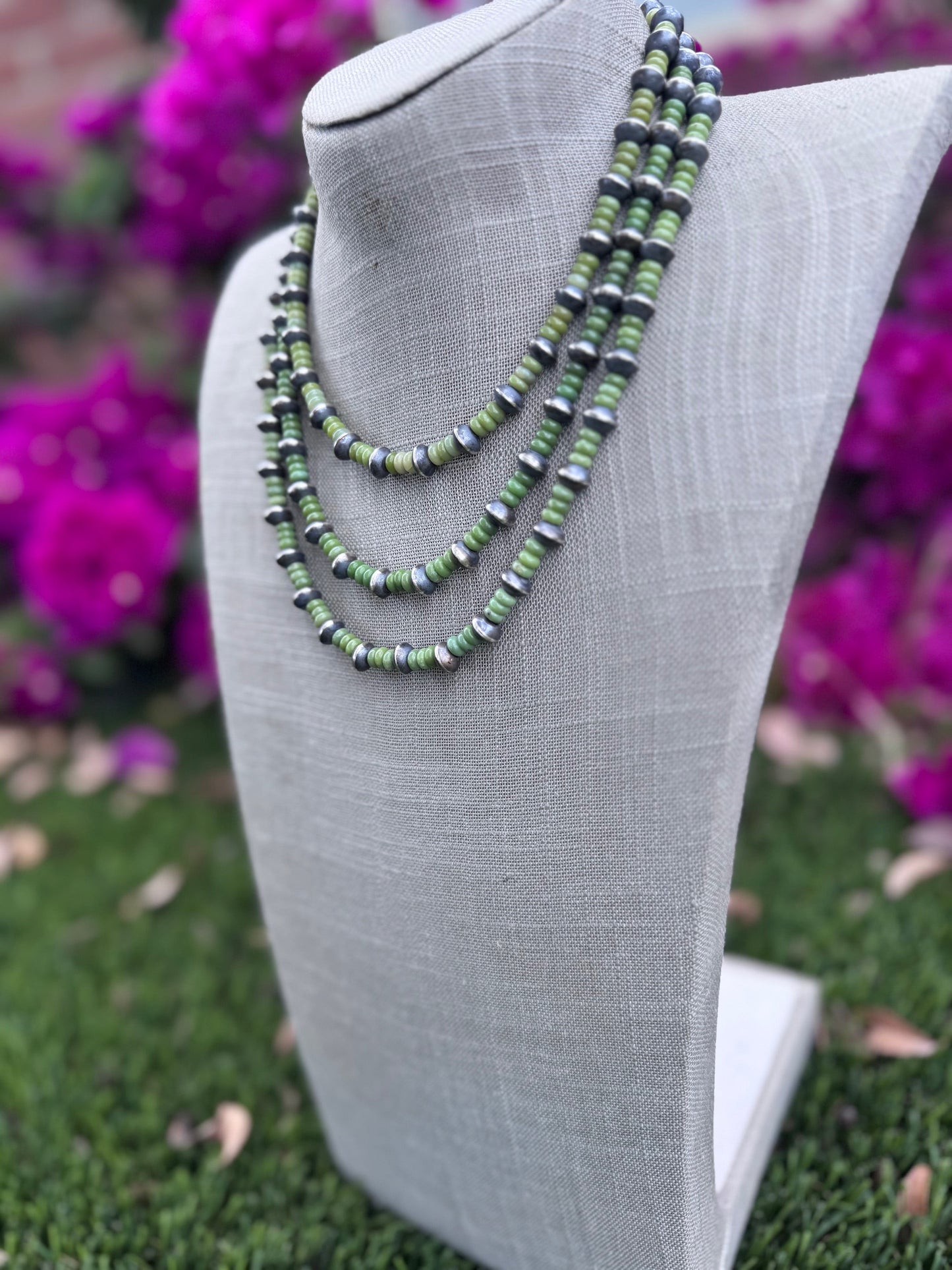 Handcrafted Serpentine & Sterling Silver 8mm Saucer Beaded Necklace
