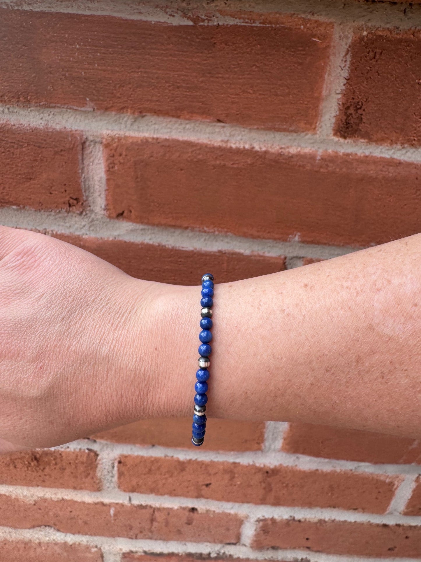 Handcrafted Lapis & Sterling Silver Pearl 4mm Beaded Bracelet 7.5"