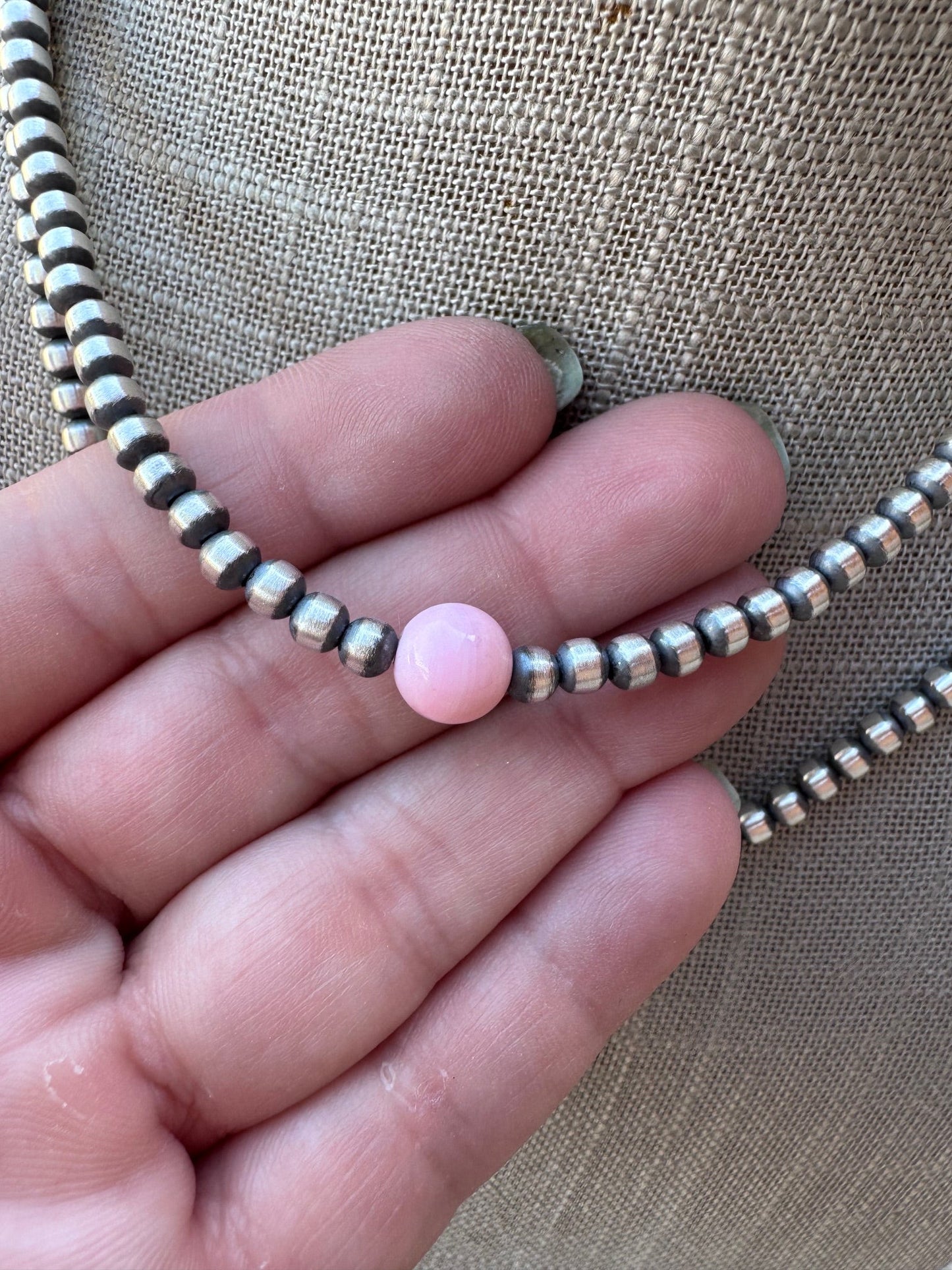 Handcrafted Sterling Silver & Pink Conch 4mm beaded Necklace