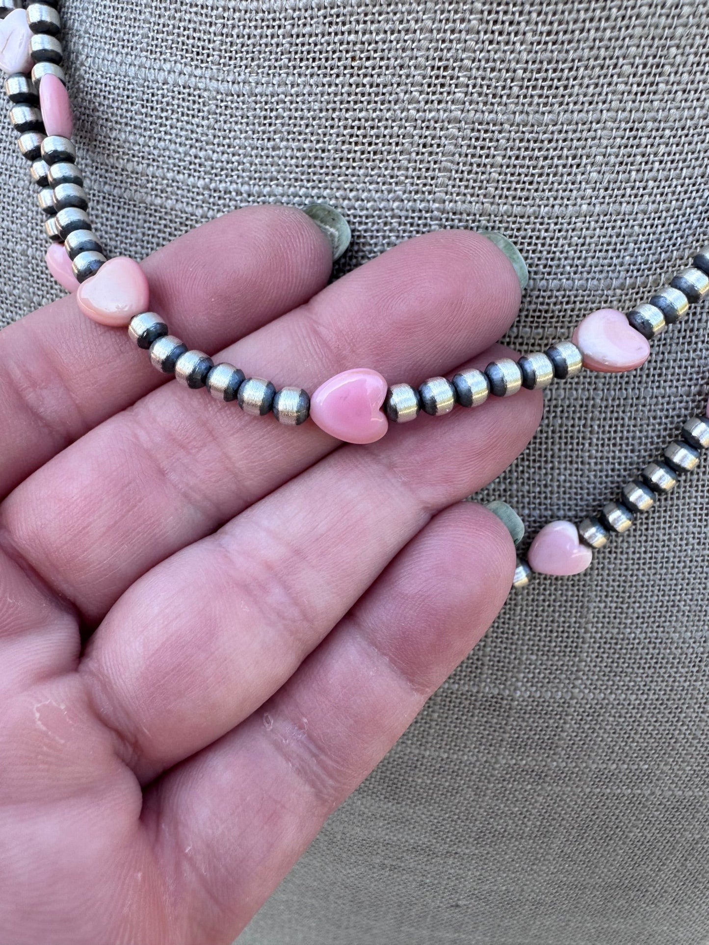 Handcrafted Sterling Silver & Pink Conch Heart 4mm beaded Necklace