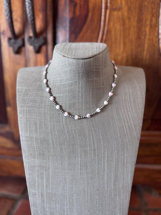 Handcrafted Sterling Silver & Pink Conch Heart 3mm beaded 16" Necklace
