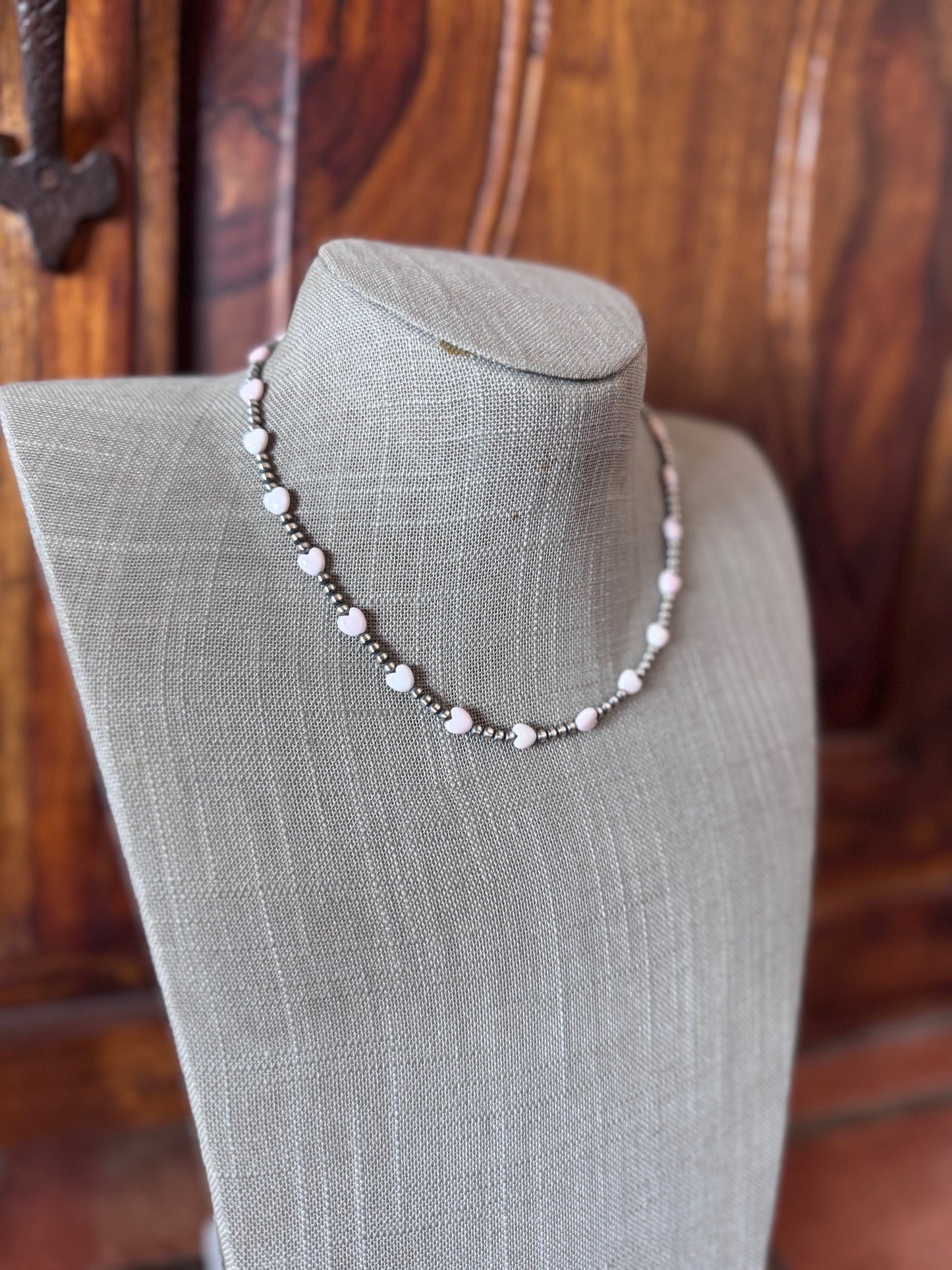 Handcrafted Sterling Silver & Pink Conch Heart 3mm beaded 16" Necklace