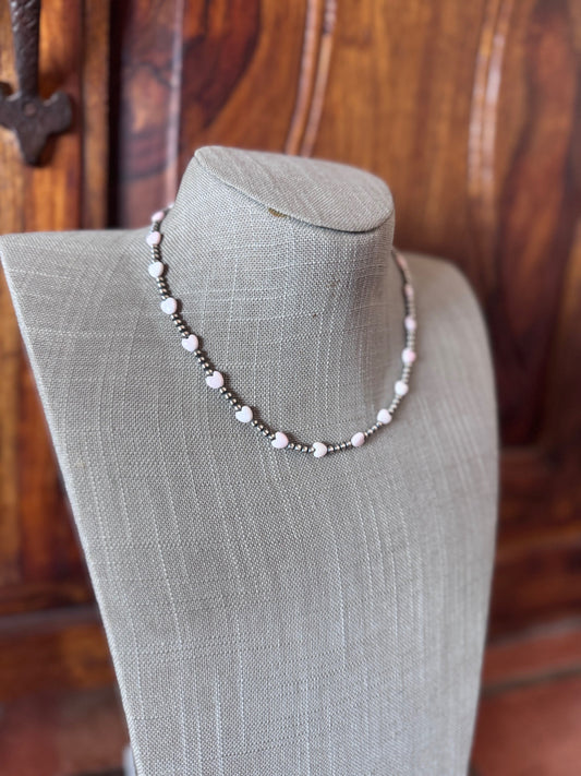 Handcrafted Sterling Silver & Pink Conch Heart 3mm beaded 16" Necklace