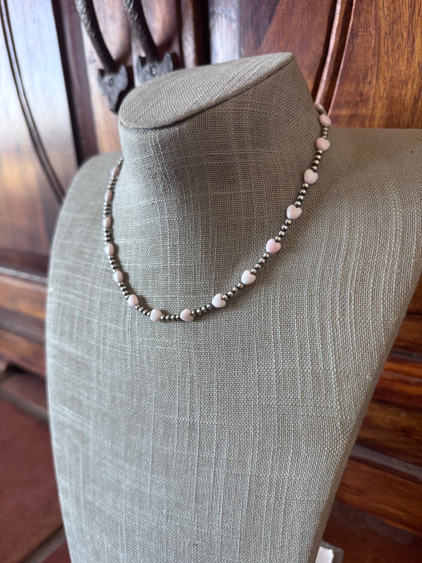 Handcrafted Sterling Silver & Pink Conch Heart 3mm beaded 16" Necklace