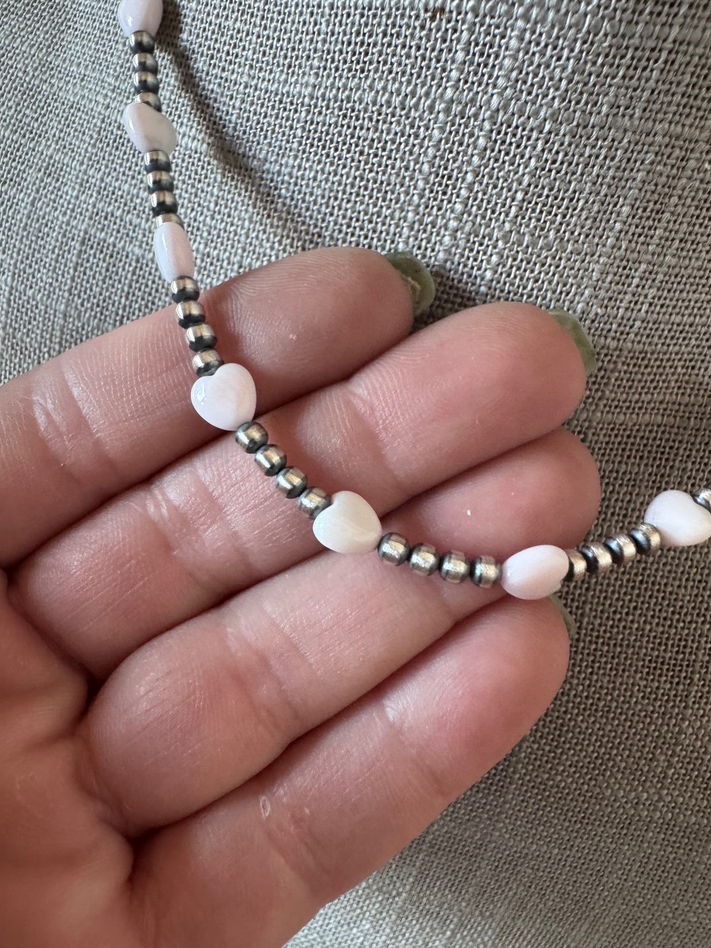 Handcrafted Sterling Silver & Pink Conch Heart 3mm beaded 16" Necklace