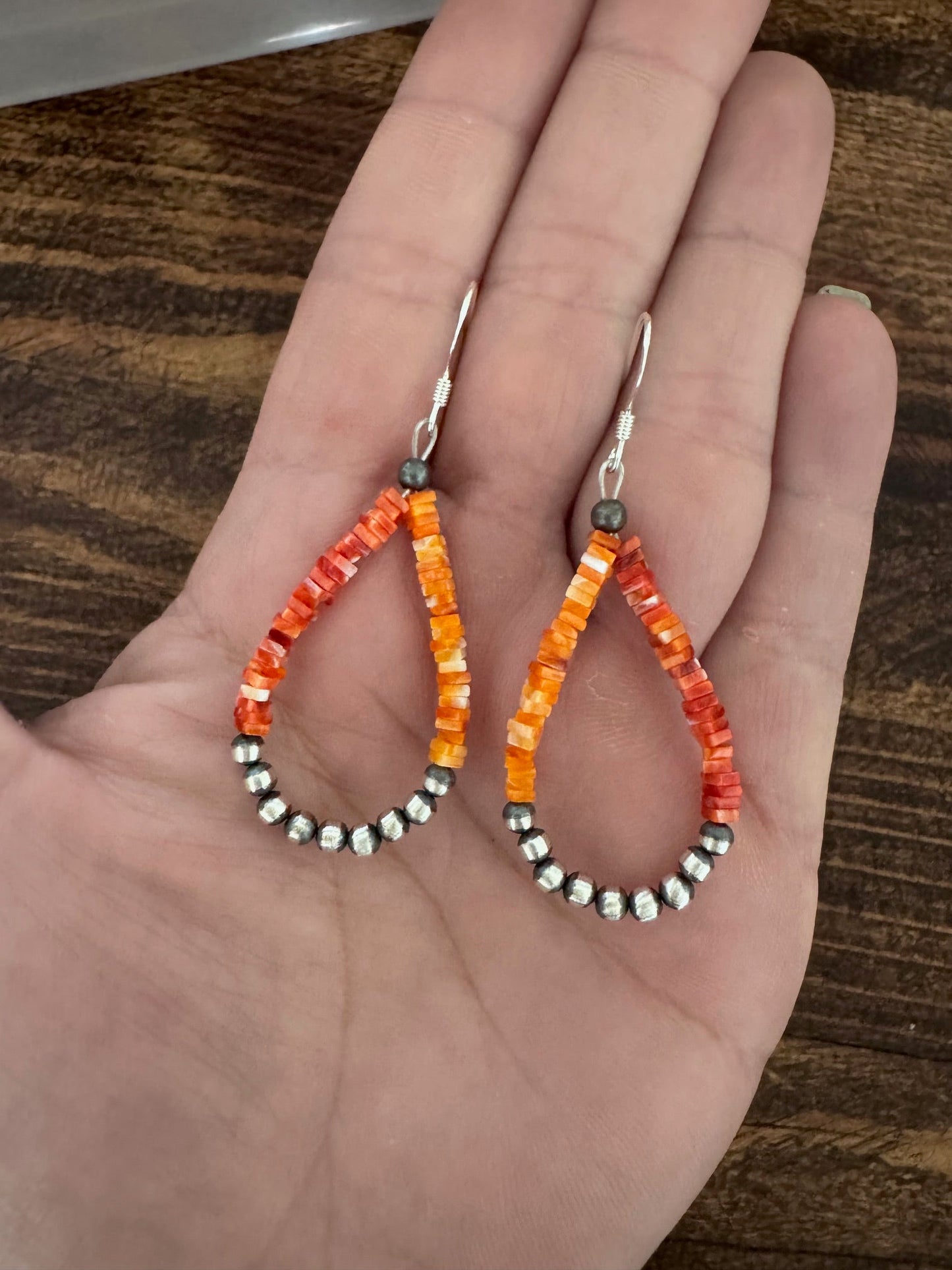 Handcrafted Red Spiny, Orange Spiny & Sterling Silver Beaded Dangle Hoop Earrings