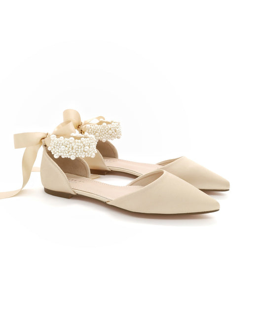Satin Pointy Toe Evening Flats with Perla Ankle Strap