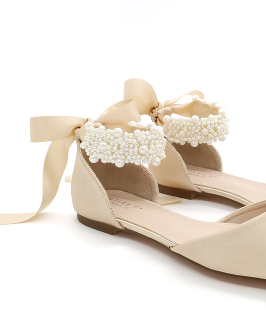 Satin Pointy Toe Evening Flats with Perla Ankle Strap