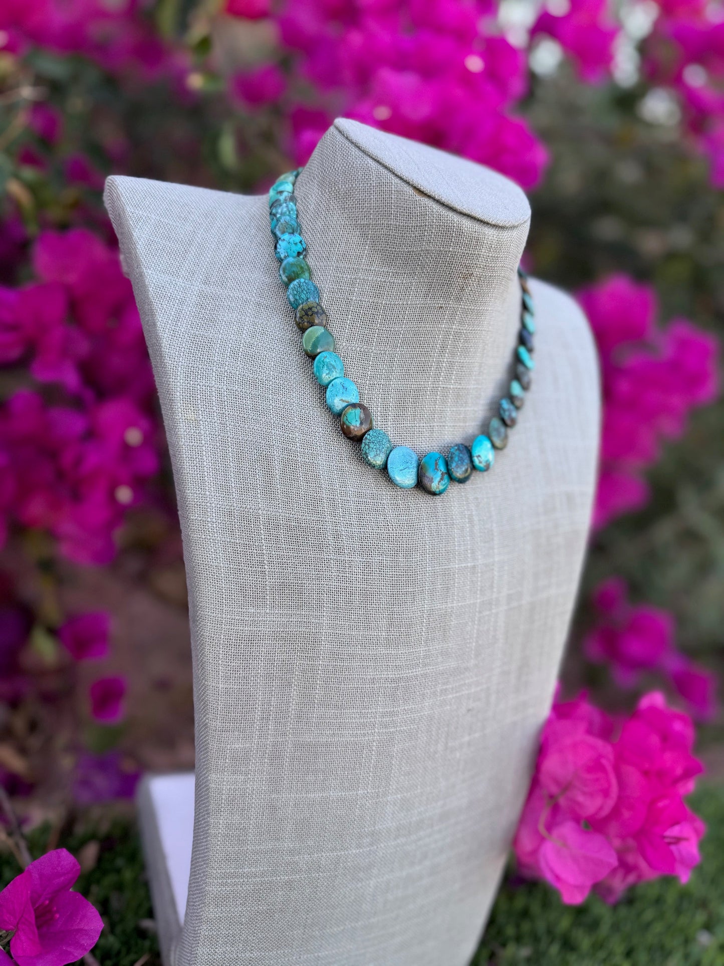 Handcrafted Sterling Silver & Royston Pillow Beaded 16" Necklace