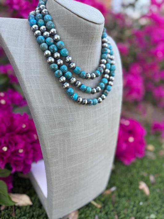 Handcrafted Kingman Turquoise & Sterling Silver 10mm Beaded Necklace