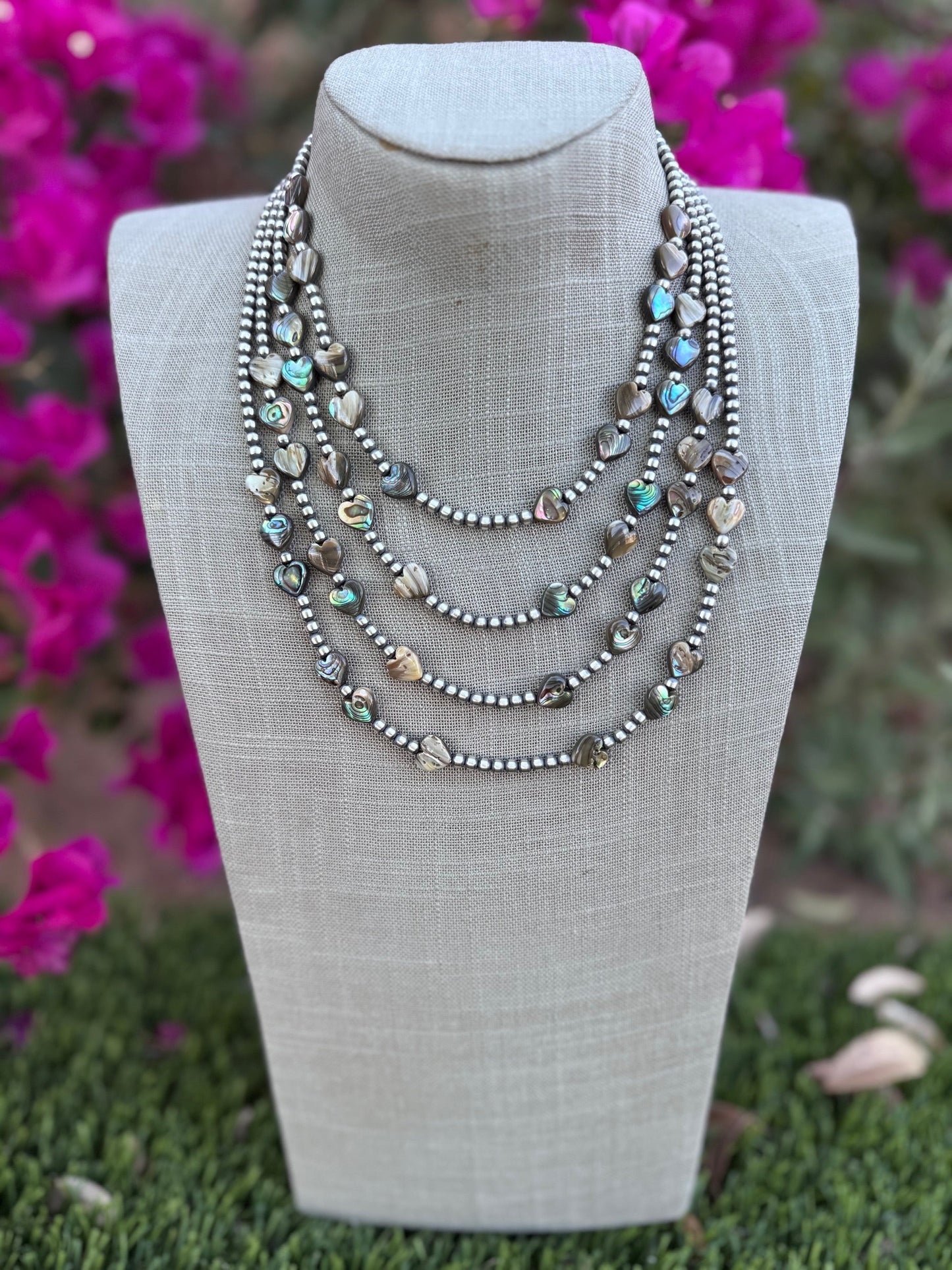 Handcrafted Heart Abalone & Sterling Silver Pearl 4mm Beaded Necklace