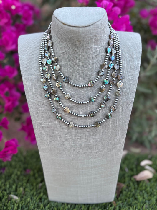 Handcrafted Heart Abalone & Sterling Silver Pearl 4mm Beaded Necklace