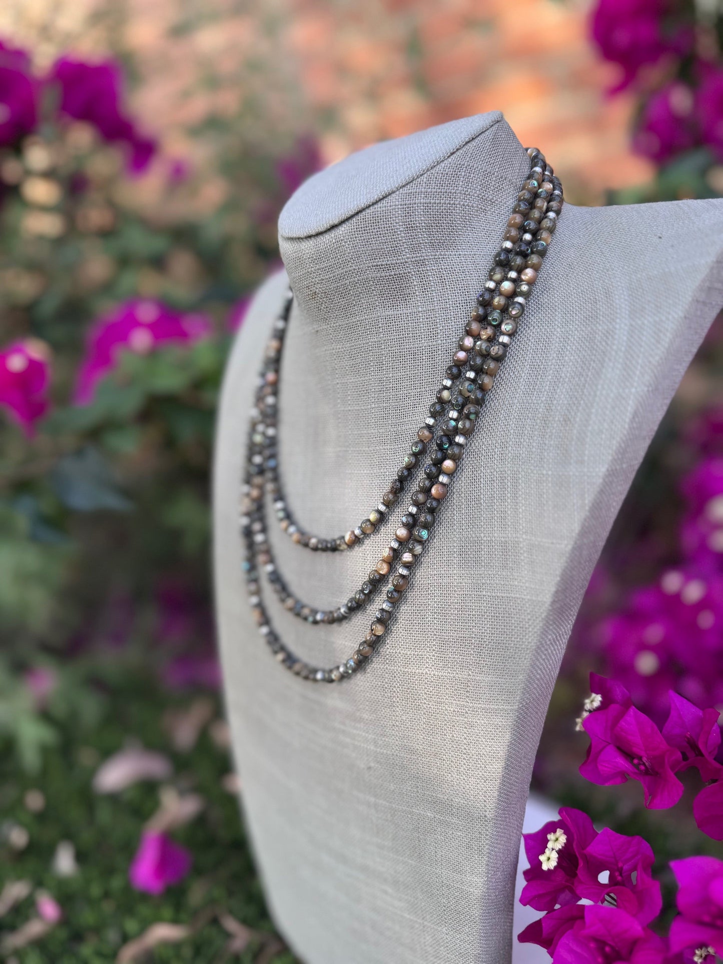 Handcrafted Round Abalone & Sterling Silver Pearl 4mm Beaded Necklace
