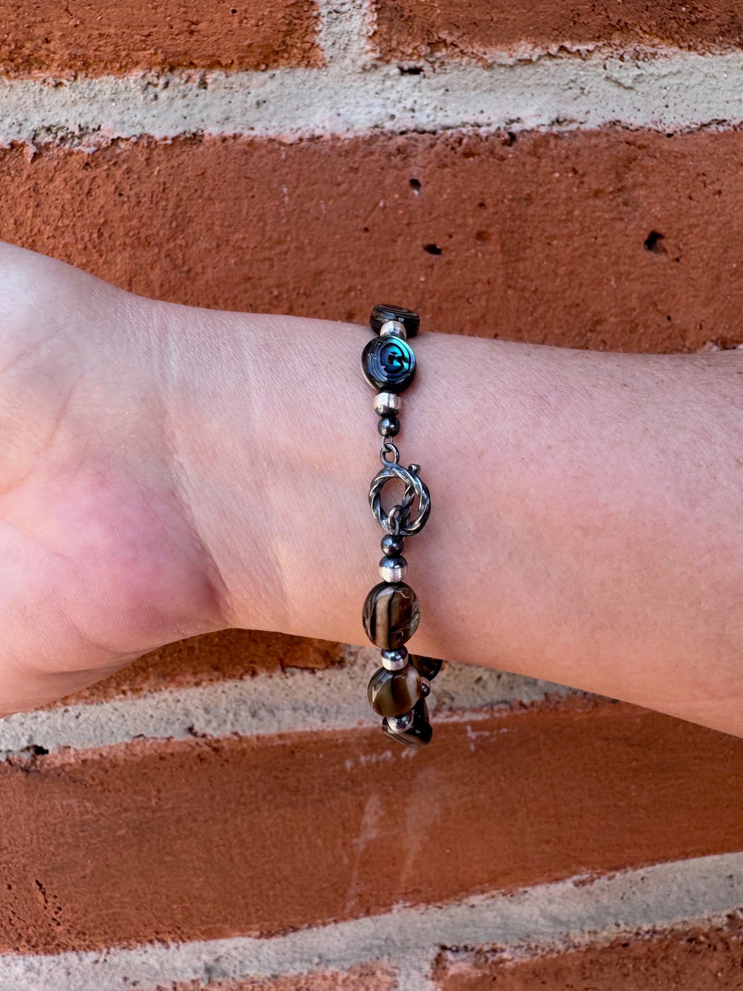 Handcrafted Abalone & Sterling Silver Pearl 4mm Beaded Bracelet 7.5"