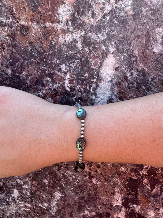 Handcrafted Abalone & Sterling Silver Pearl 3mm Beaded Bracelet 7.5"