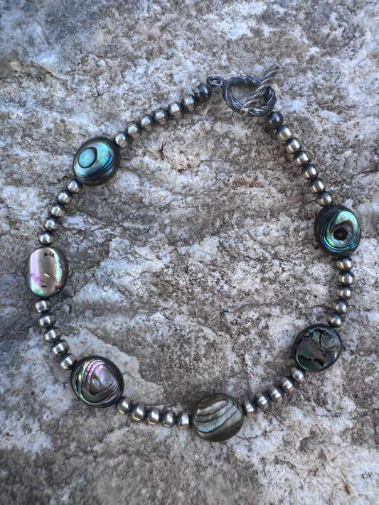 Handcrafted Abalone & Sterling Silver Pearl 3mm Beaded Bracelet 7.5"