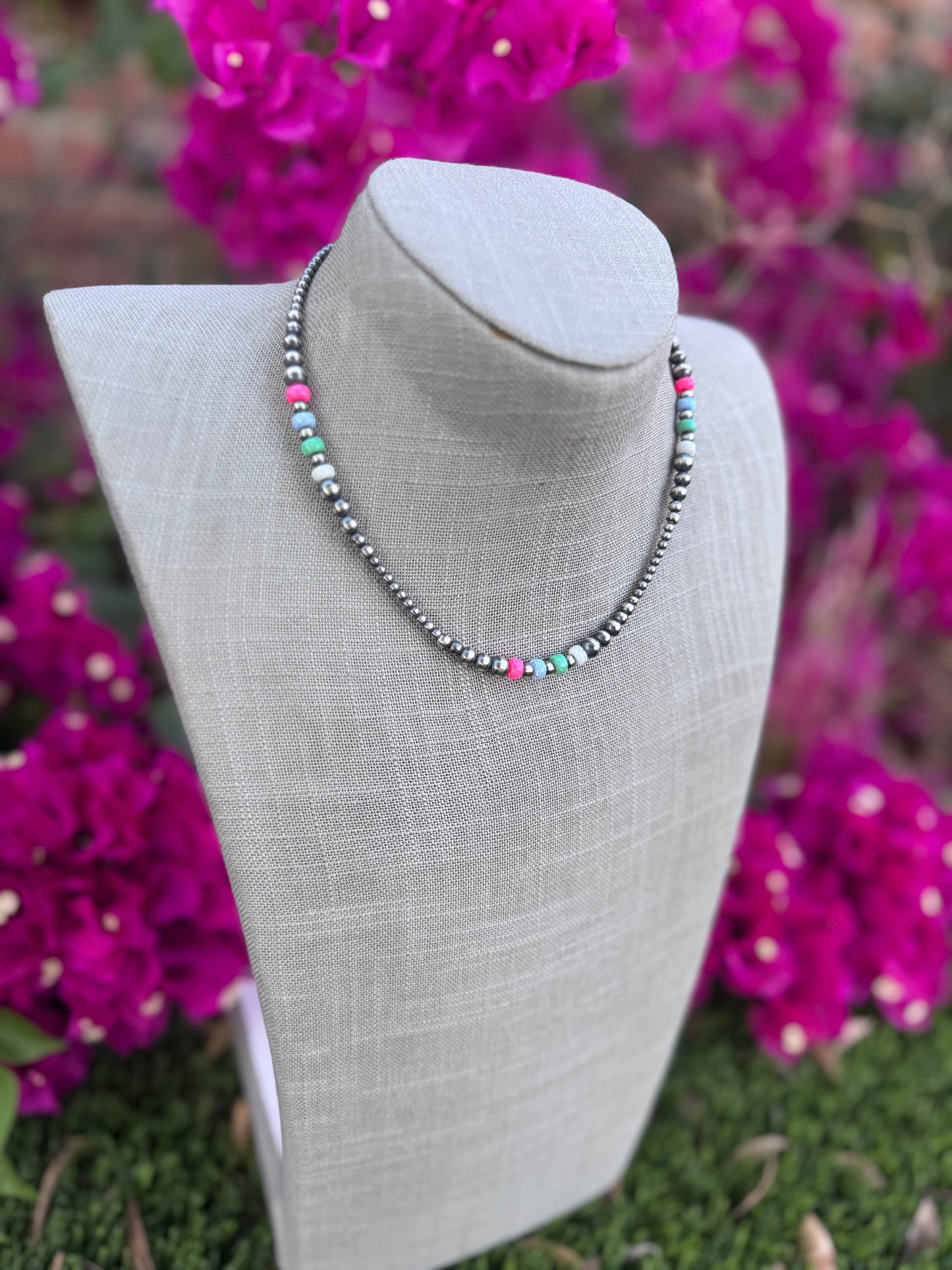 Handcrafted Fire Opal Collection & Sterling Silver Pearl 3-6mm Beaded Necklace 16"