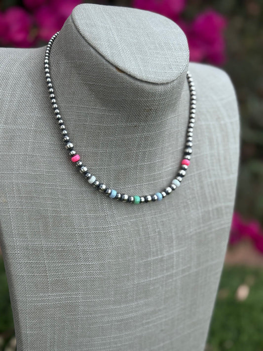 Handcrafted Fire Opal Collection & Sterling Silver Pearl Beaded 3-6mm Necklace 16"