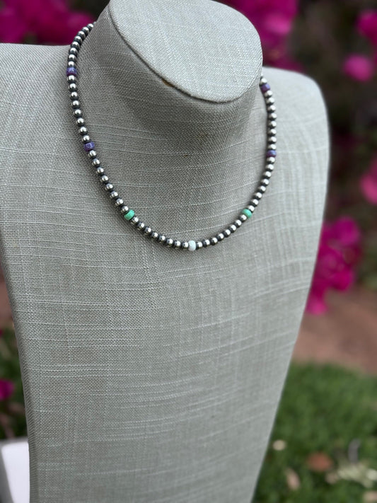 Handcrafted Fire Opal Collection & Sterling Silver Pearl Beaded 5mm Necklace 18"