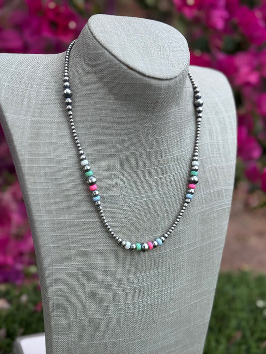 Handcrafted Fire Opal Collection & Sterling Silver Pearl Beaded 3-8mm Necklace 20"