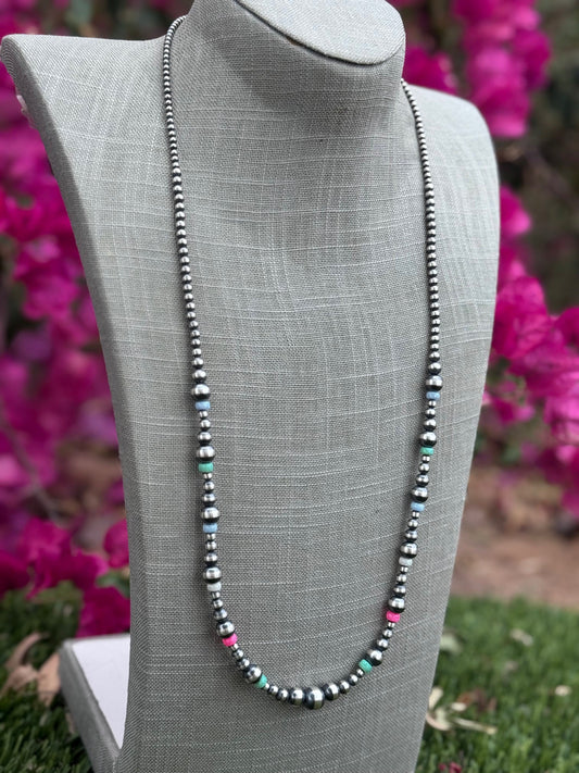 Handcrafted Fire Opal Collection & Sterling Silver Pearl Beaded 3-10mm Necklace 30"