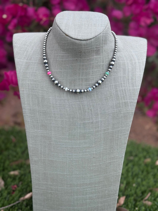 Handcrafted Fire Opal Collection & Sterling Silver Pearl Beaded 3-8mm Necklace 16"