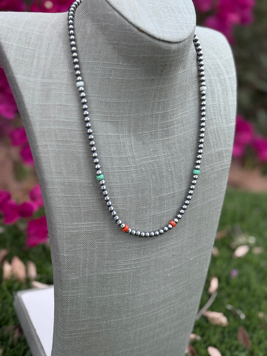 Handcrafted Fire Opal Collection & Sterling Silver Pearl Beaded 5mm Necklace 22"