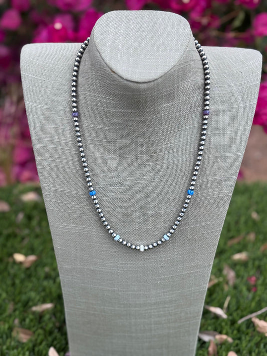 Handcrafted Fire Opal Collection & Sterling Silver Pearl Beaded 5mm Necklace 22"