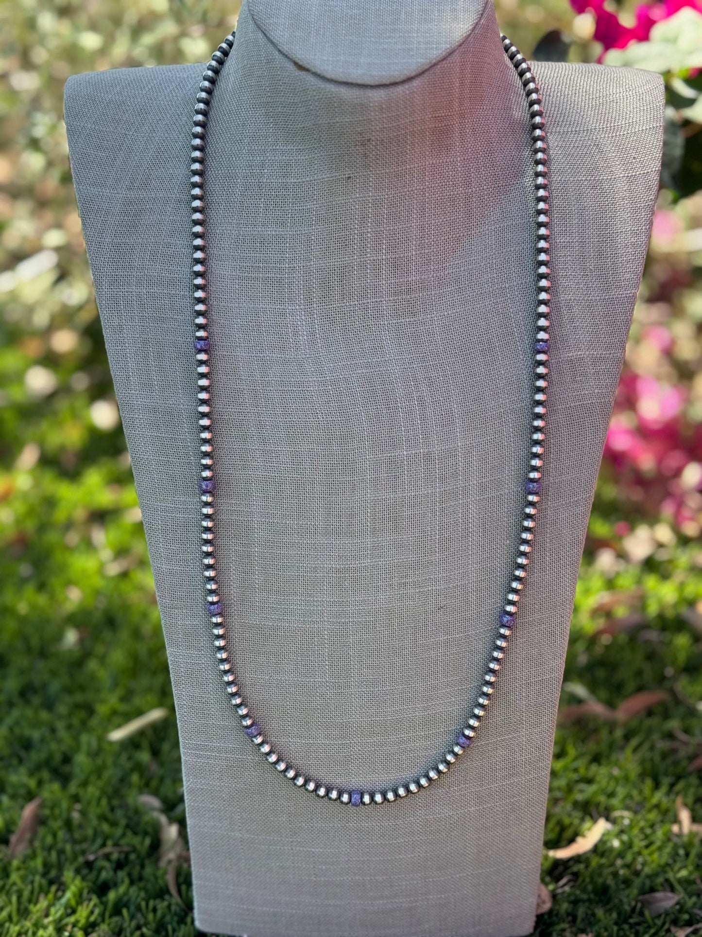 Handcrafted Sterling Silver & Purple Fire Opal 5mm Beaded Necklace 30"