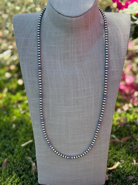 Handcrafted Sterling Silver & Purple Fire Opal 5mm Beaded Necklace 30"
