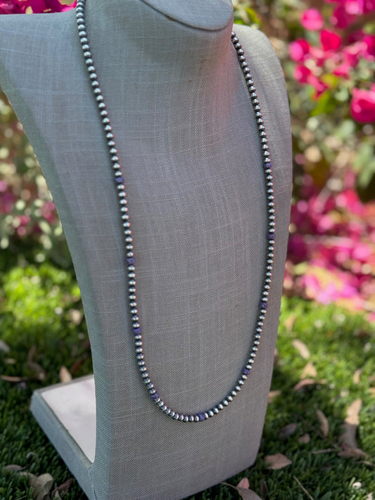 Handcrafted Sterling Silver & Purple Fire Opal 5mm Beaded Necklace 30"