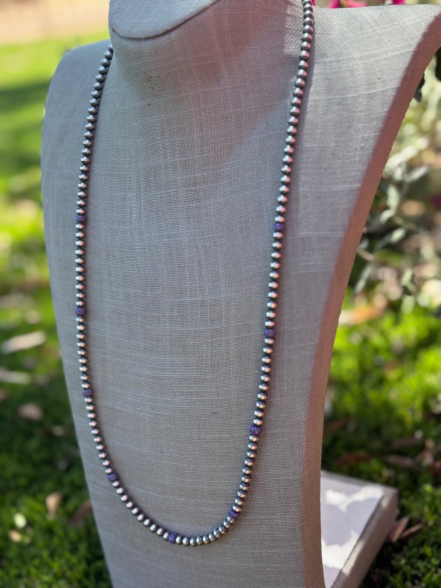 Handcrafted Sterling Silver & Purple Fire Opal 5mm Beaded Necklace 30"