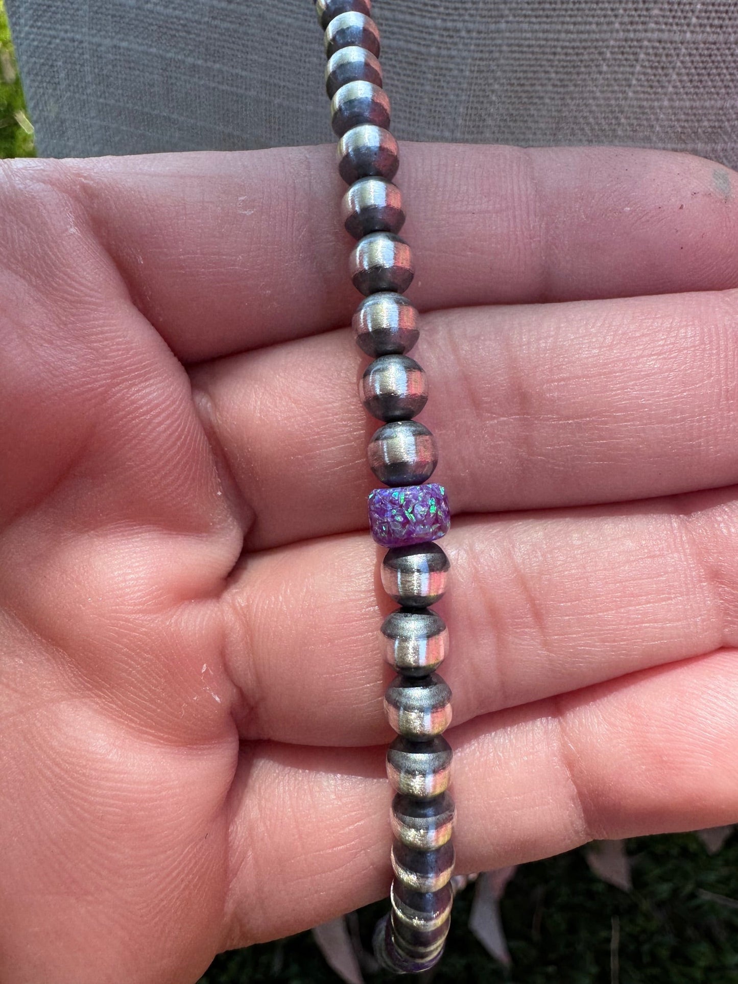 Handcrafted Sterling Silver & Purple Fire Opal 5mm Beaded Necklace 30"