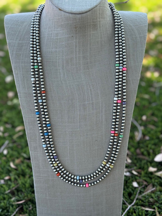 Handcrafted Fire Opal Collection & Sterling Silver Pearl Beaded 5mm Necklace 30"