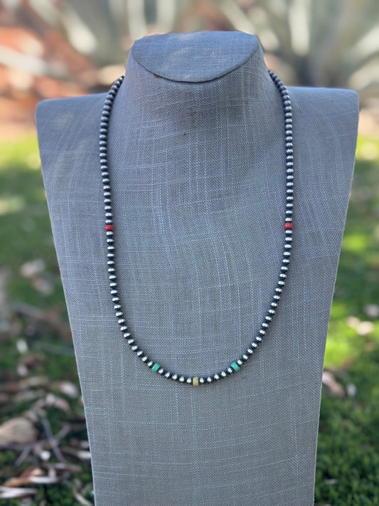 Handcrafted Fire Opal Collection & Sterling Silver Pearl Beaded 5mm Necklace 24"