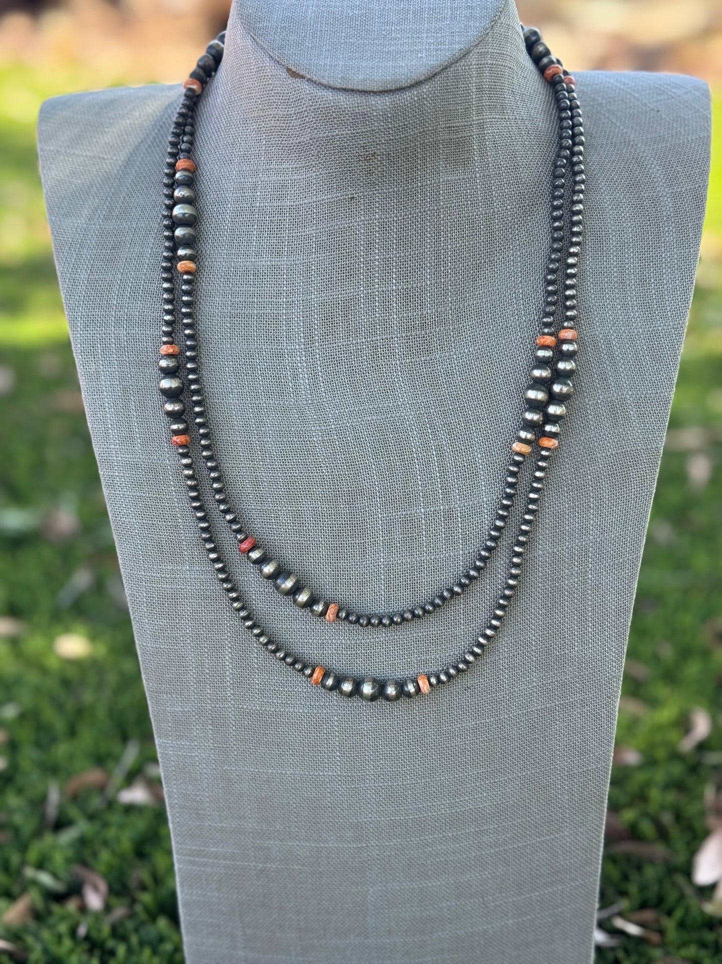 Handcrafted Red Spiny, Orange Spiny & Sterling Silver Pearl 4-10mm Beaded Necklace 48"