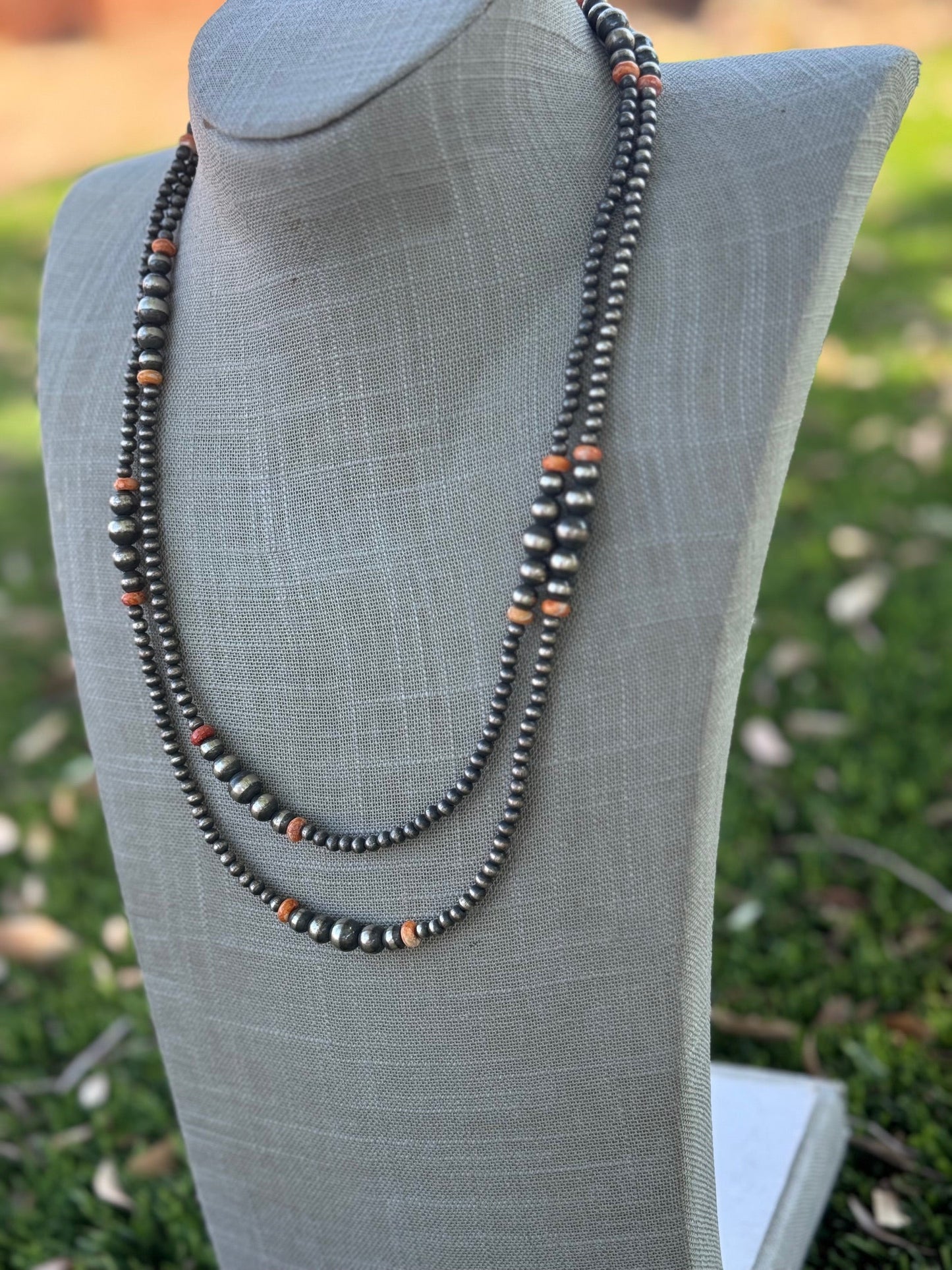 Handcrafted Red Spiny, Orange Spiny & Sterling Silver Pearl 4-10mm Beaded Necklace 48"