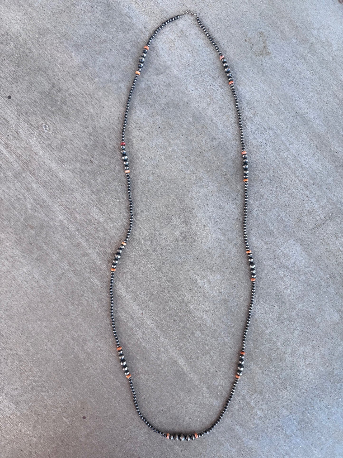 Handcrafted Red Spiny, Orange Spiny & Sterling Silver Pearl 4-10mm Beaded Necklace 48"