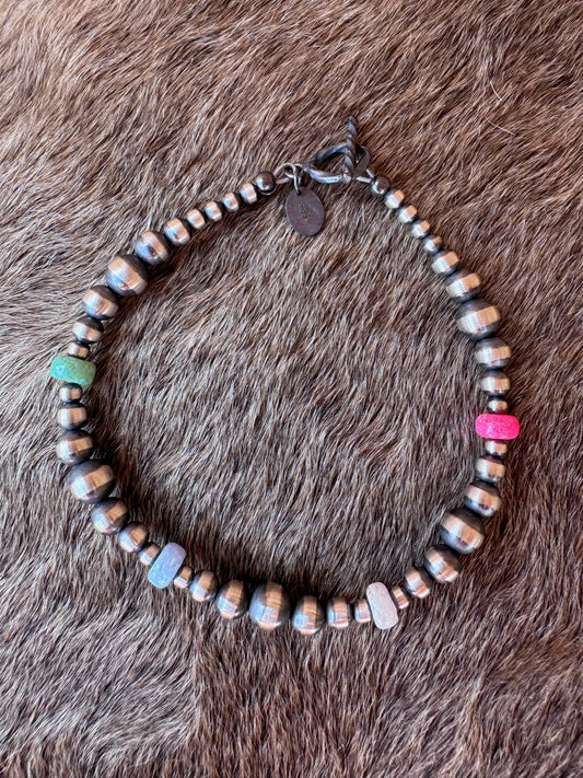 Handcrafted Fire Opal Collection & Sterling Silver Pearl 3-6mm Beaded Bracelet