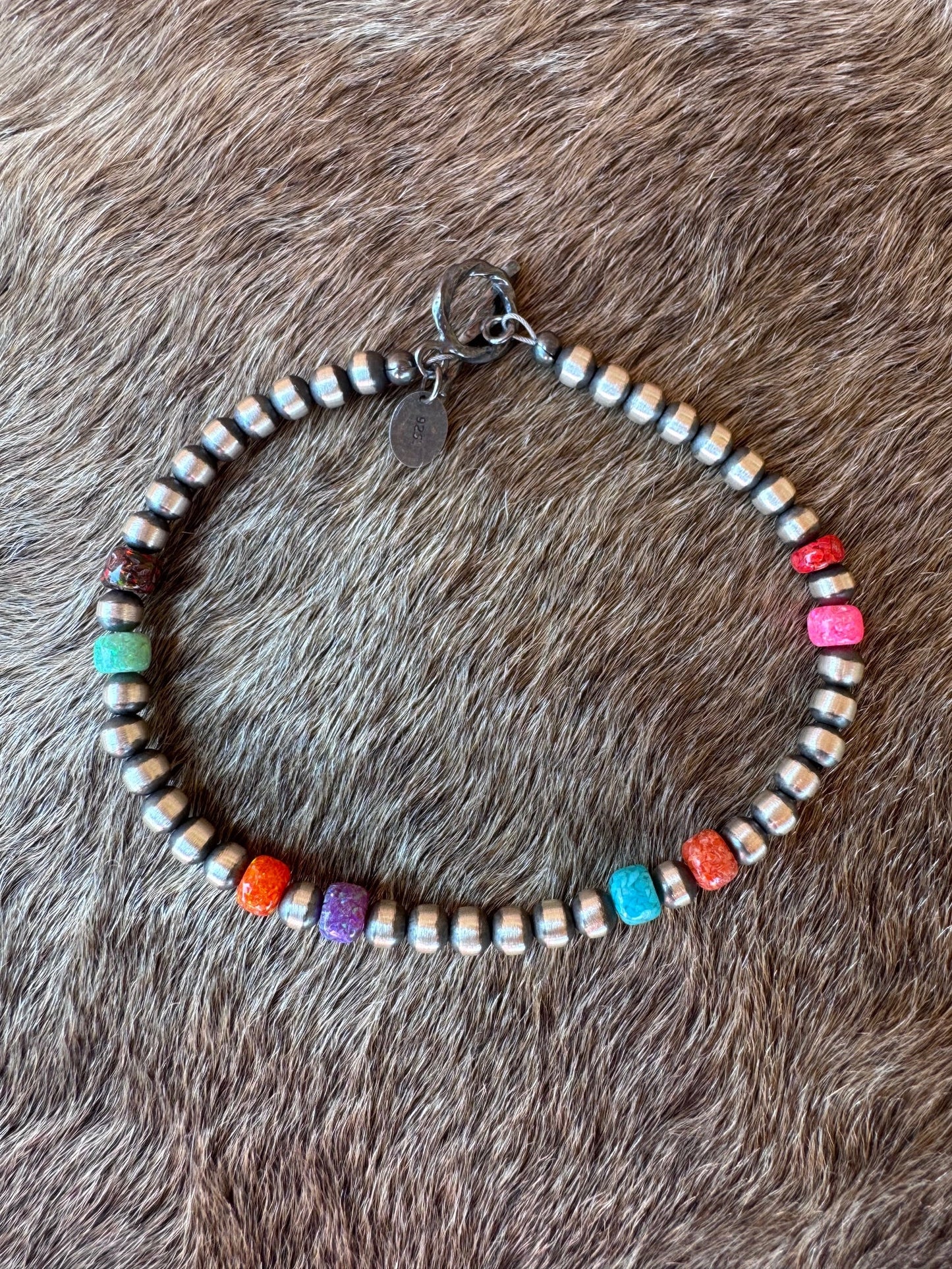 Handcrafted Fire Opal Collection & Sterling Silver Pearl 4mm Beaded Bracelet 7.5"