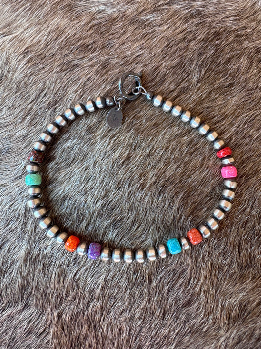 Handcrafted Fire Opal Collection & Sterling Silver Pearl 4mm Beaded Bracelet 7.5"