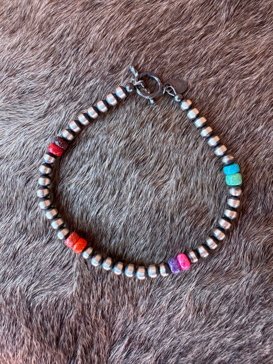 Handcrafted Fire Opal Collection & Sterling Silver Pearl 5-8mm Beaded Bracelet 7.5"