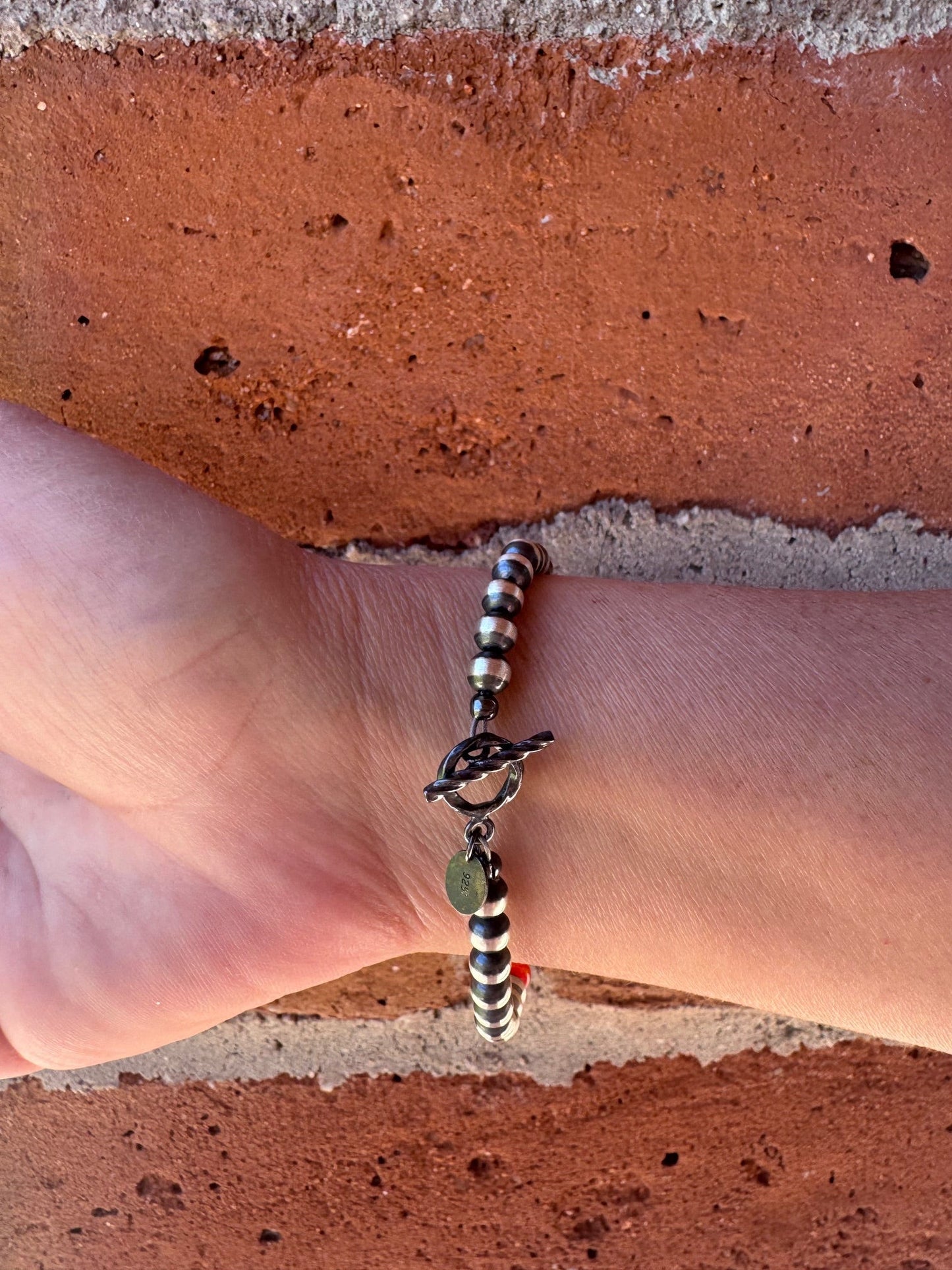 Handcrafted Fire Opal Collection & Sterling Silver Pearl 5mm Beaded Bracelet 7"