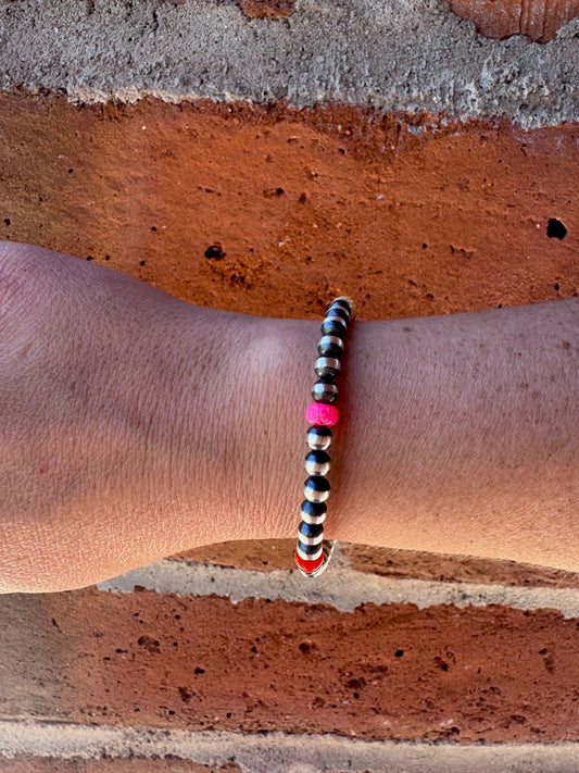 Handcrafted Fire Opal Collection & Sterling Silver Pearl 5mm Beaded Bracelet 7"