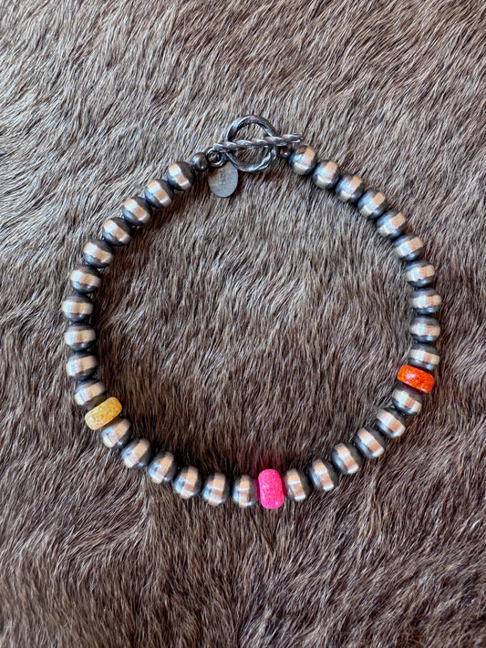 Handcrafted Fire Opal Collection & Sterling Silver Pearl 5mm Beaded Bracelet 7"
