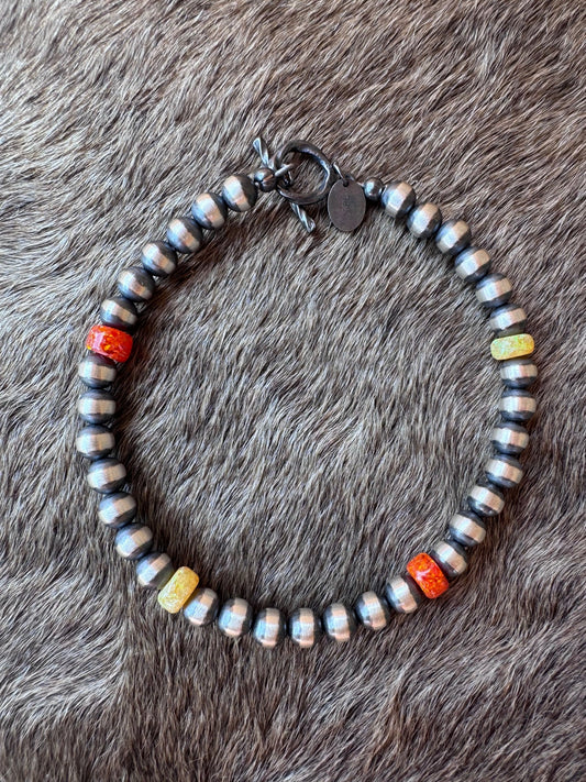 Handcrafted Fire Opal Collection & Sterling Silver Pearl 5mm Beaded Bracelet 7.5"