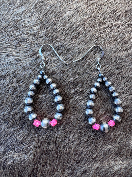 Handcrafted Hot Pink Fire Opal & Sterling Silver Pearl 3-6mm Beaded Hoop Dangle Earring