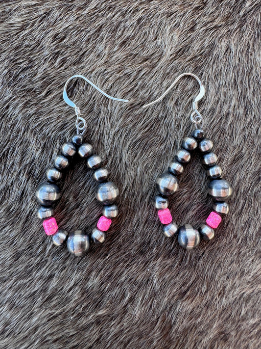 Handcrafted Hot Pink Fire Opal & Sterling Silver Pearl 4-6mm Beaded Hoop Dangle Earring