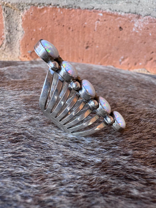 Handcrafted Sterling Silver & White Fire Opal 5 Stone Ring size 6 by T. Yazzie