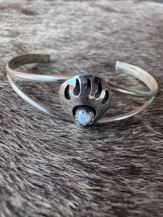 Handcrafted Sterling Silver And White Fire Opal Baby Bear Paw Cuff Bracelet